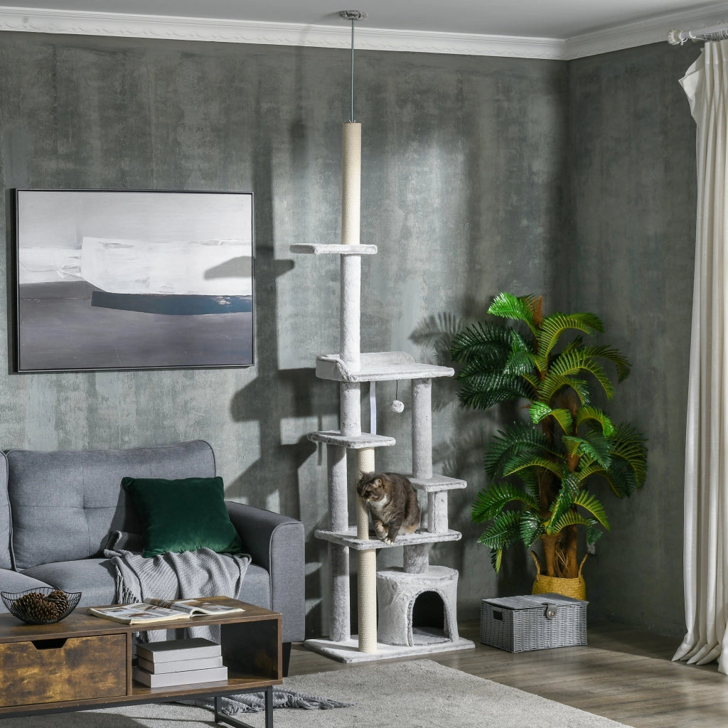 EasyComfort Albero Tiragraffi per Gatti a Soffitto con Piattaforme e Casetta, 60x40x225-255cm, Grigio