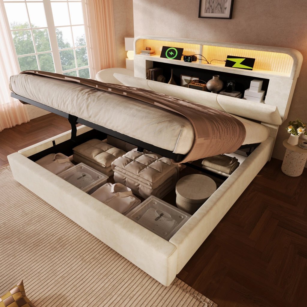 OKWISH Letto Contenitore 180×200 cm, Letto Matrimoniale con Testiera Regolabile, LED Regolabile, USB e Tipo C, senza Materasso, in Velluto, Beige