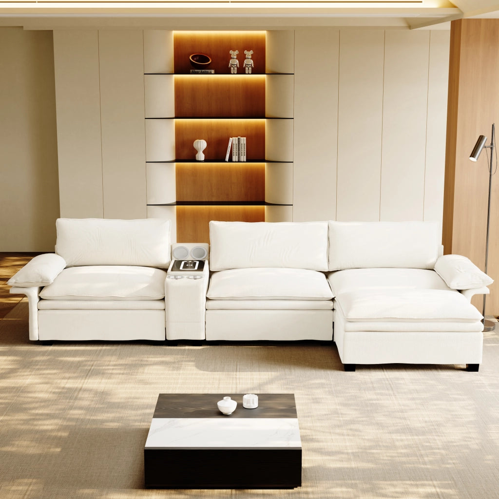 Divano modulare 4 posti - con ricarica wireless; luci e contenitore - chenille - beige