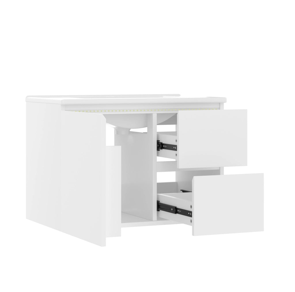 Mobile bagno sospeso 76x46x50 cm in MDF con lavabo in ceramica integrato, due cassetti silenziosi e luci LED a sensore radar, bianco