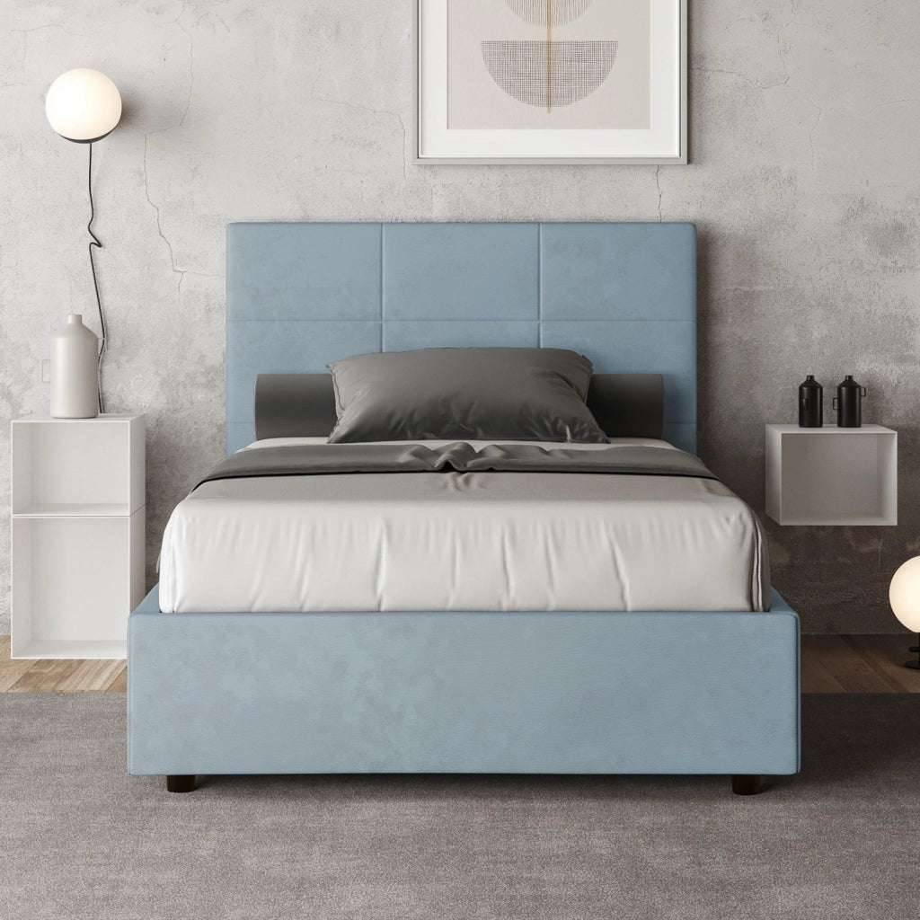 BS COM Letto una piazza e mezza senza rete imbottito 120x210 microfibra azzurro