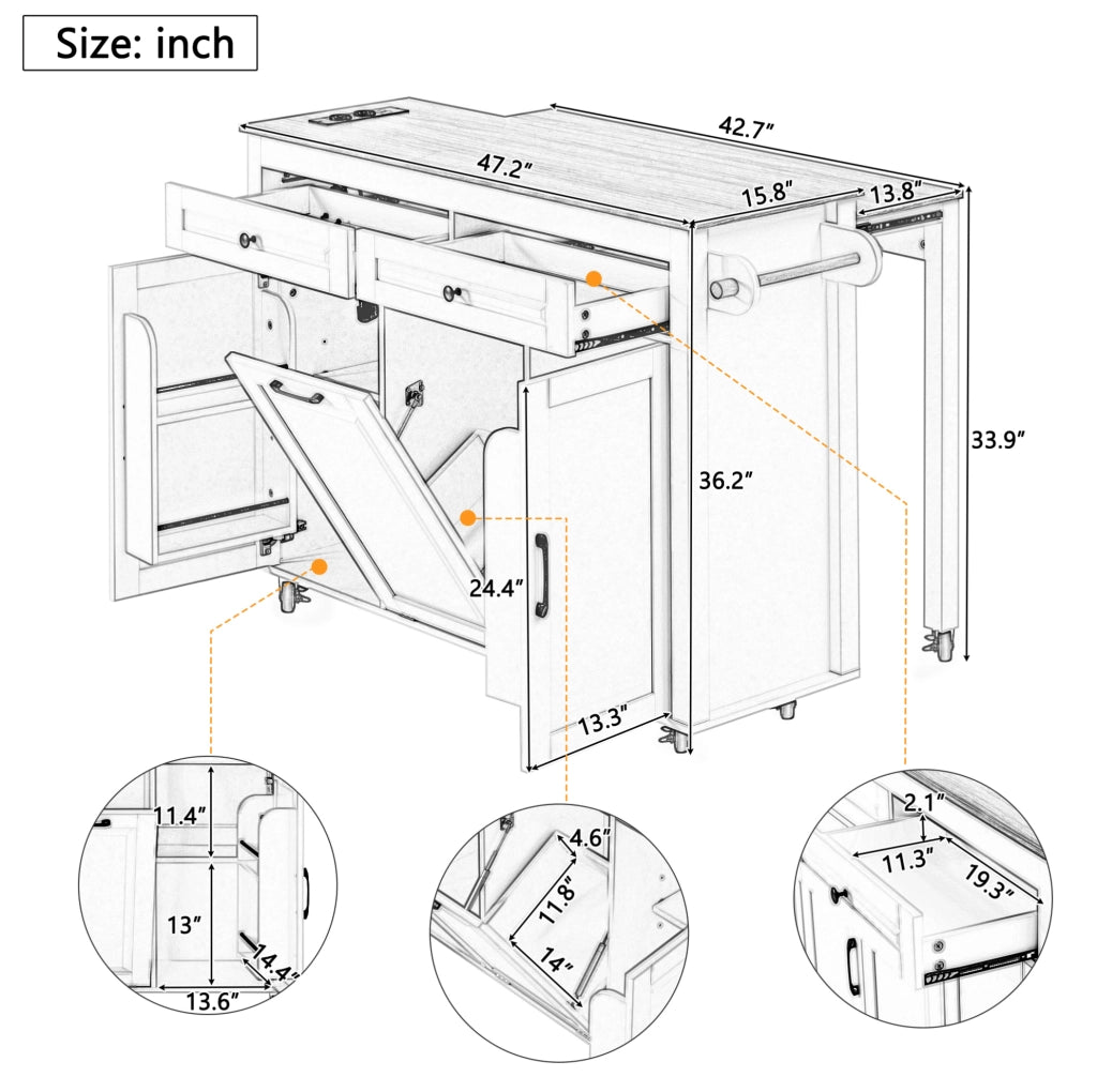 Isola da cucina con ruote 120 x 40-75 x 92 cm in MDF bianco, piano estensibile