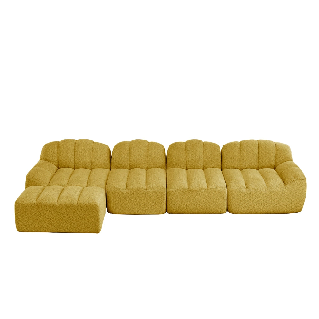 Divano modulare angolare 4 posti con ottomana, seduta profonda e braccioli ergonomici in pile granulato giallo