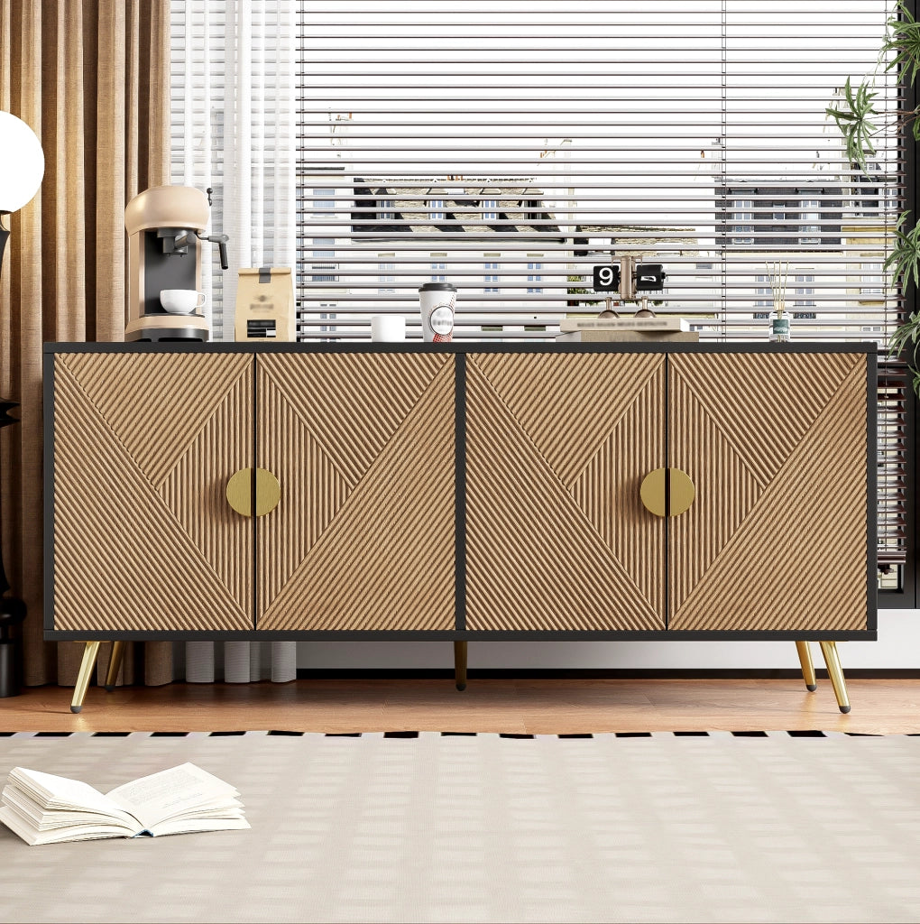 Credenza 160 cm a 4 ante; maniglie oro spazzolato e gambe lucide; nero e legno