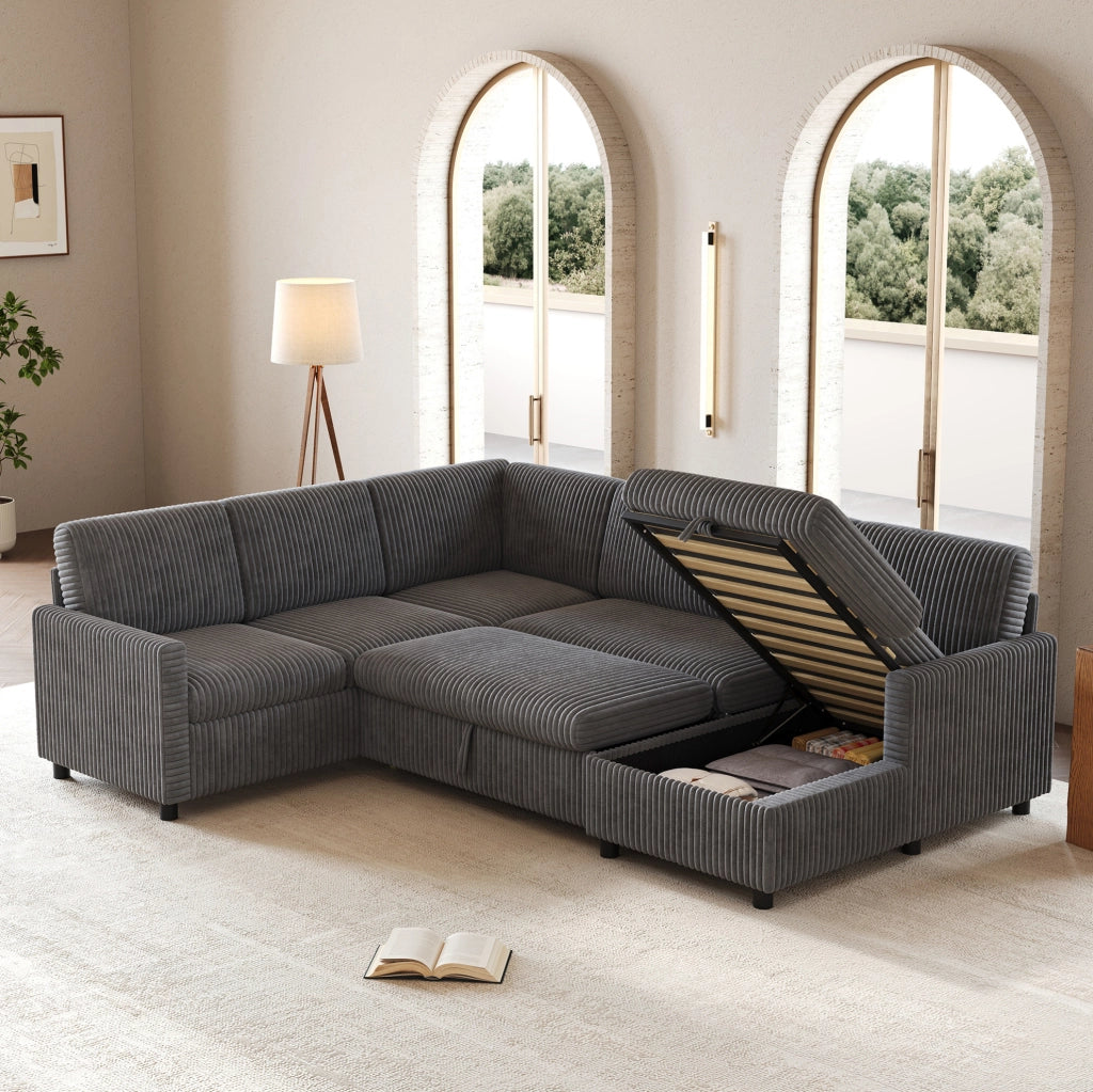 Divano letto angolare a U 274x220 cm con chaise longue contenitore in velluto a coste grigio