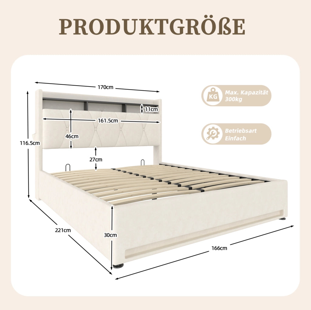 Letto matrimoniale 160x200 cm in velluto beige con LED; USB Type-C e contenitore