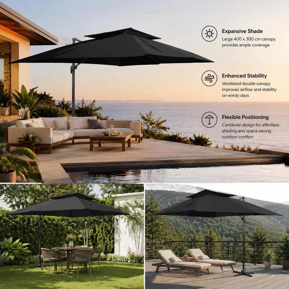 Cantilever Parasol With Double Canopy, Black, 400 X 300 Cm