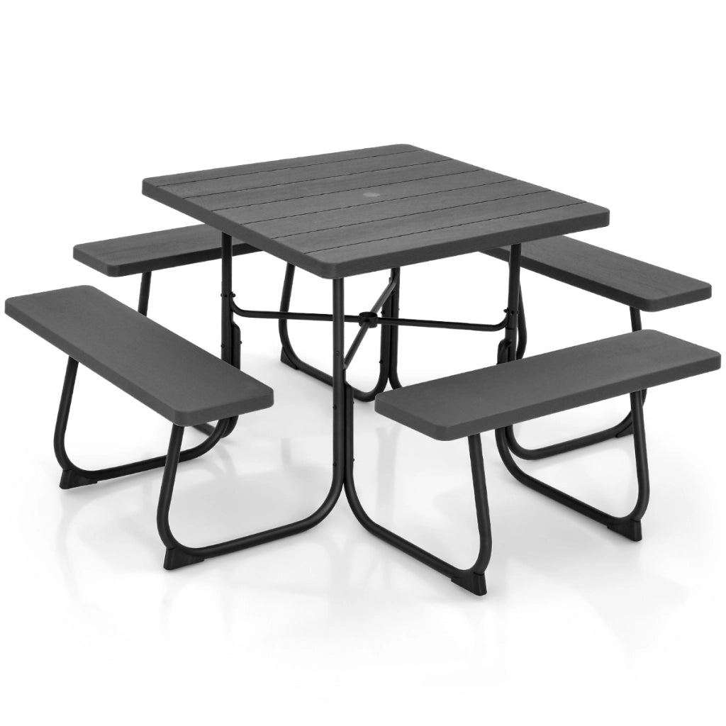 Set tavolo da picnic quadrato per 8 persone, Tavolo per esterni con foro per ombrellone capacit¨¤ di 225kg Grigio Scuro
