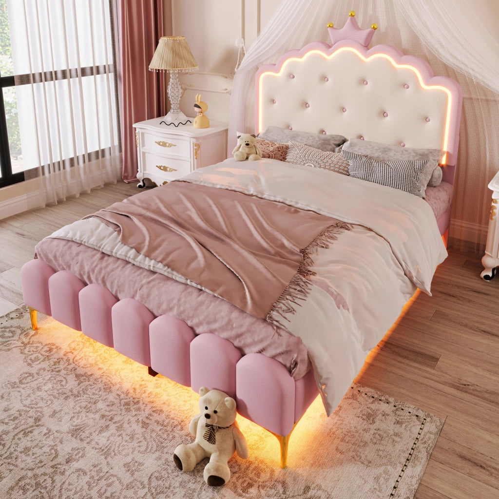 Letto imbottito 140 x 200 cm in PU con rete a doghe, senza materasso, luce ambiente con telecomando, forma di corona - Rosa