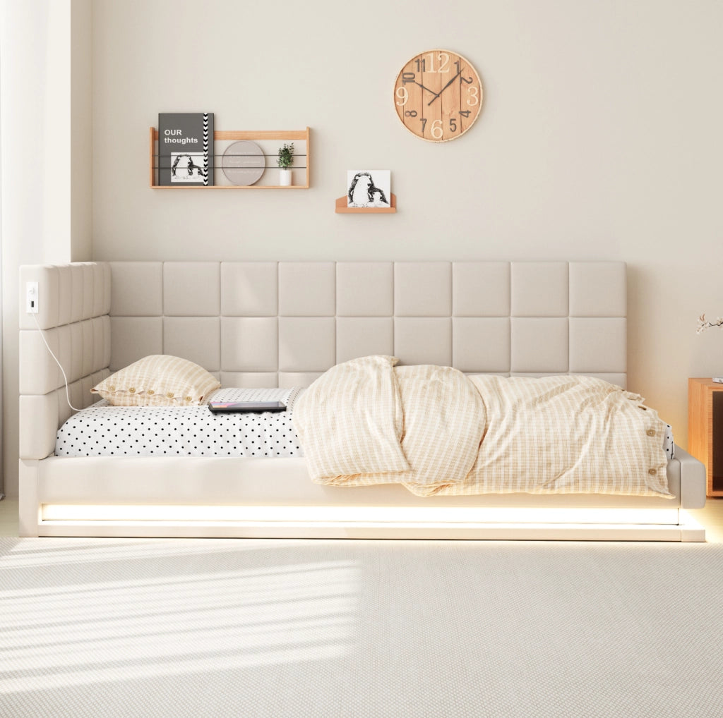 Divano letto imbottito 90x200 cm beige in lino con LED, USB e rete a doghe