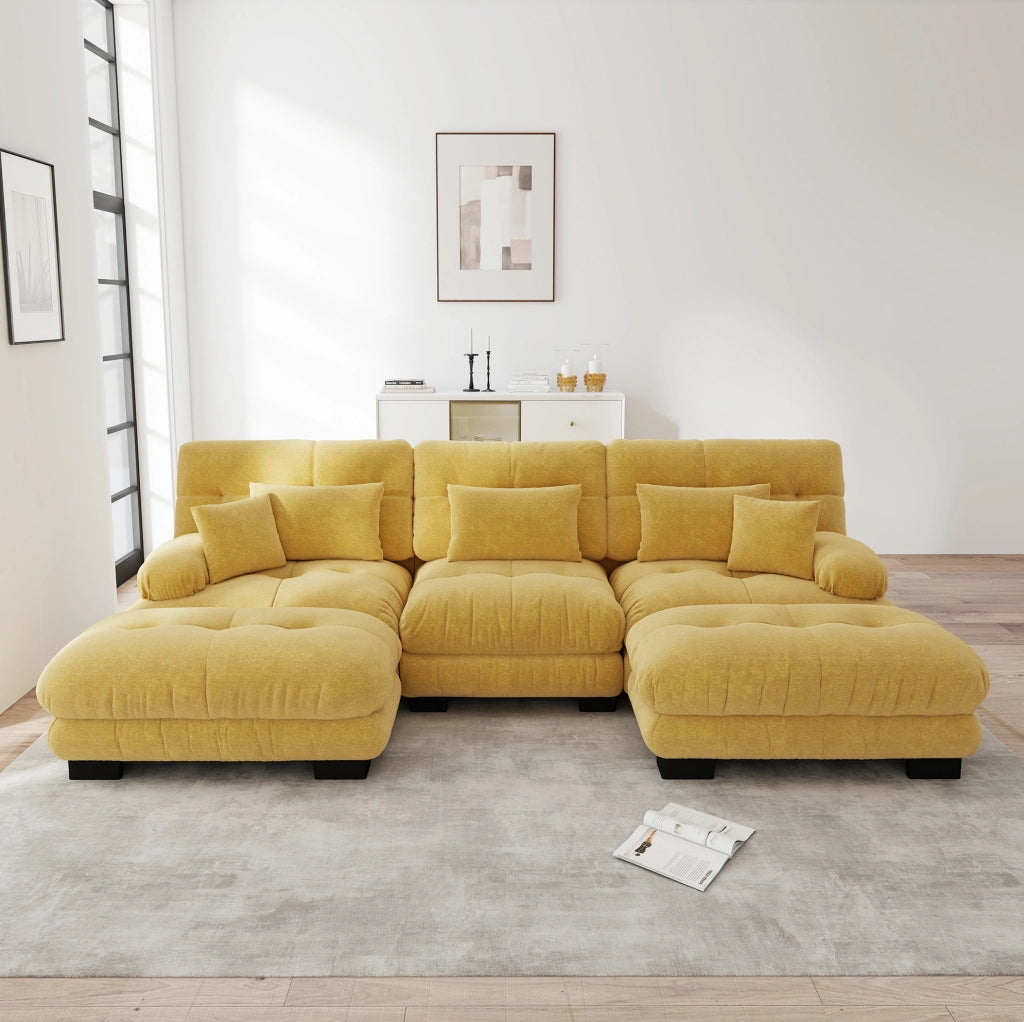 Divano modulare ad angolo a forma di U in tessuto vintage Chenille giallo con pouf abbinati