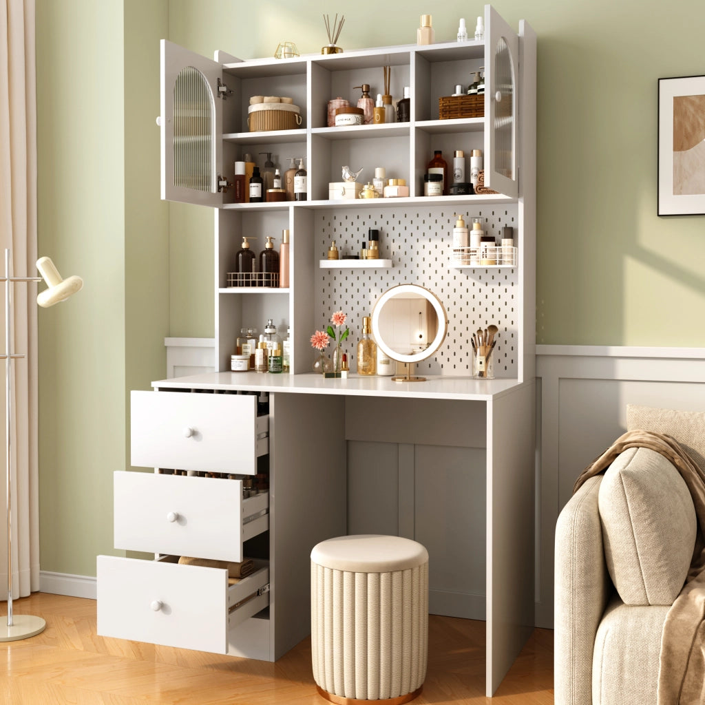 Scrivania lineare con armadio e libreria, pannello organizer, 3 cassetti e vetri semitrasparenti, bianca, 100 × 55 × 180 cm