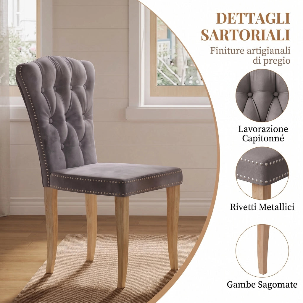 Sedia da sala da pranzo set 2 pezzi con schienale alto ergonomico;47*50*99cm;Legno massello;Velluto;Grigio