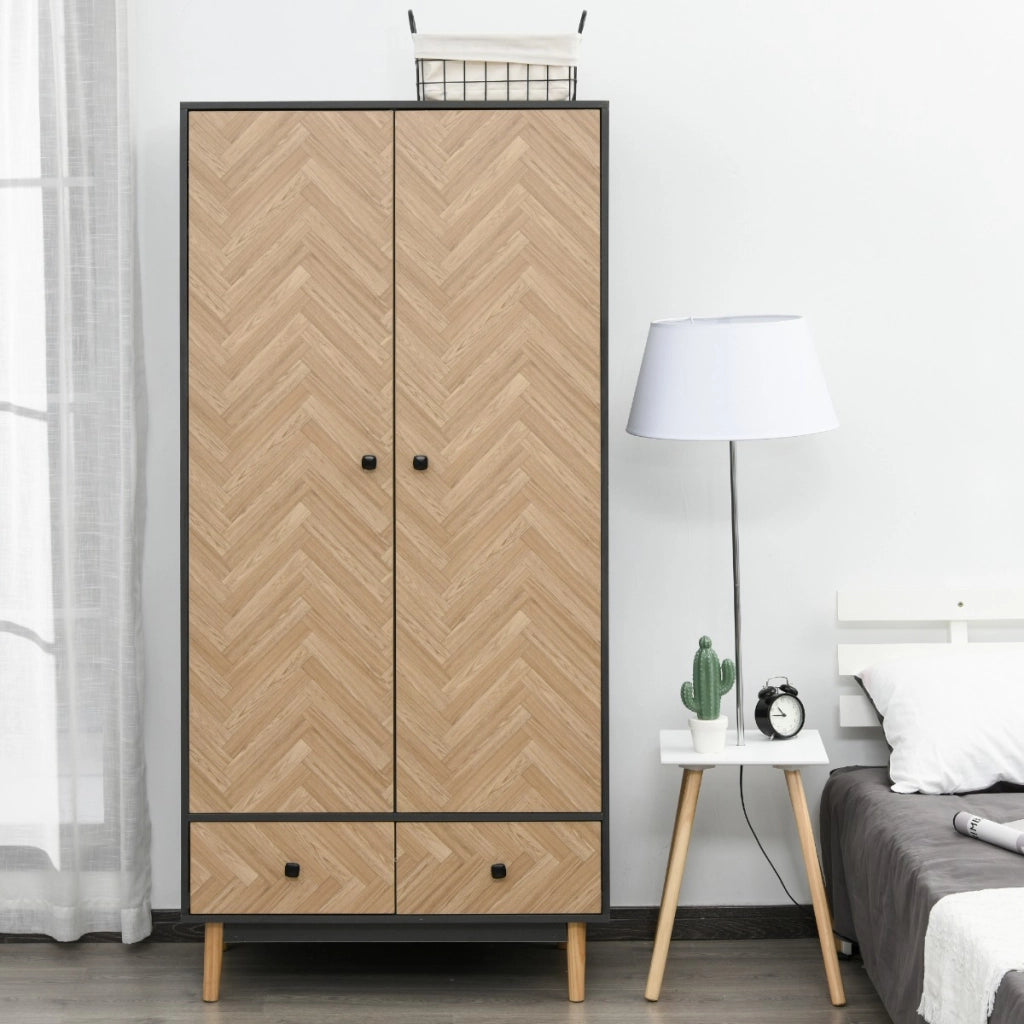EasyComfort Armadio 2 Ante In Legno Con 4 Ripiani, 2 Cassetti e Appendiabiti, Grigio Scuro, 90x50x190 cm