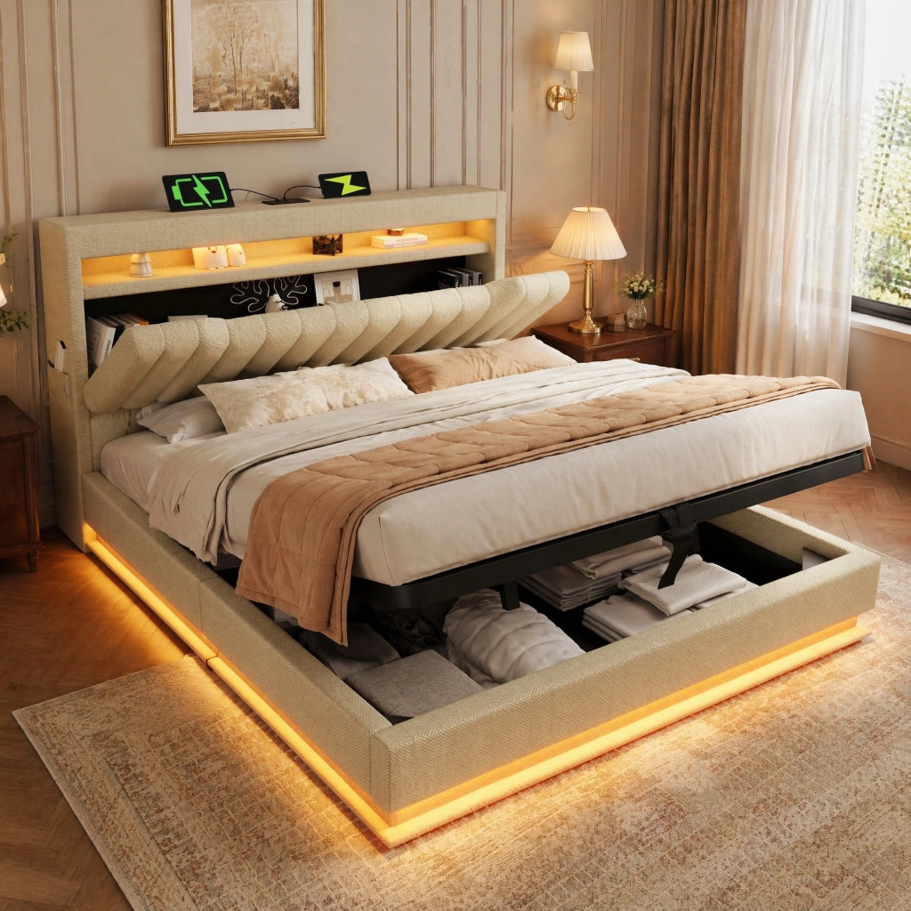Letto matrimoniale 180x200 in lino beige con LED e contenitore， senza materasso