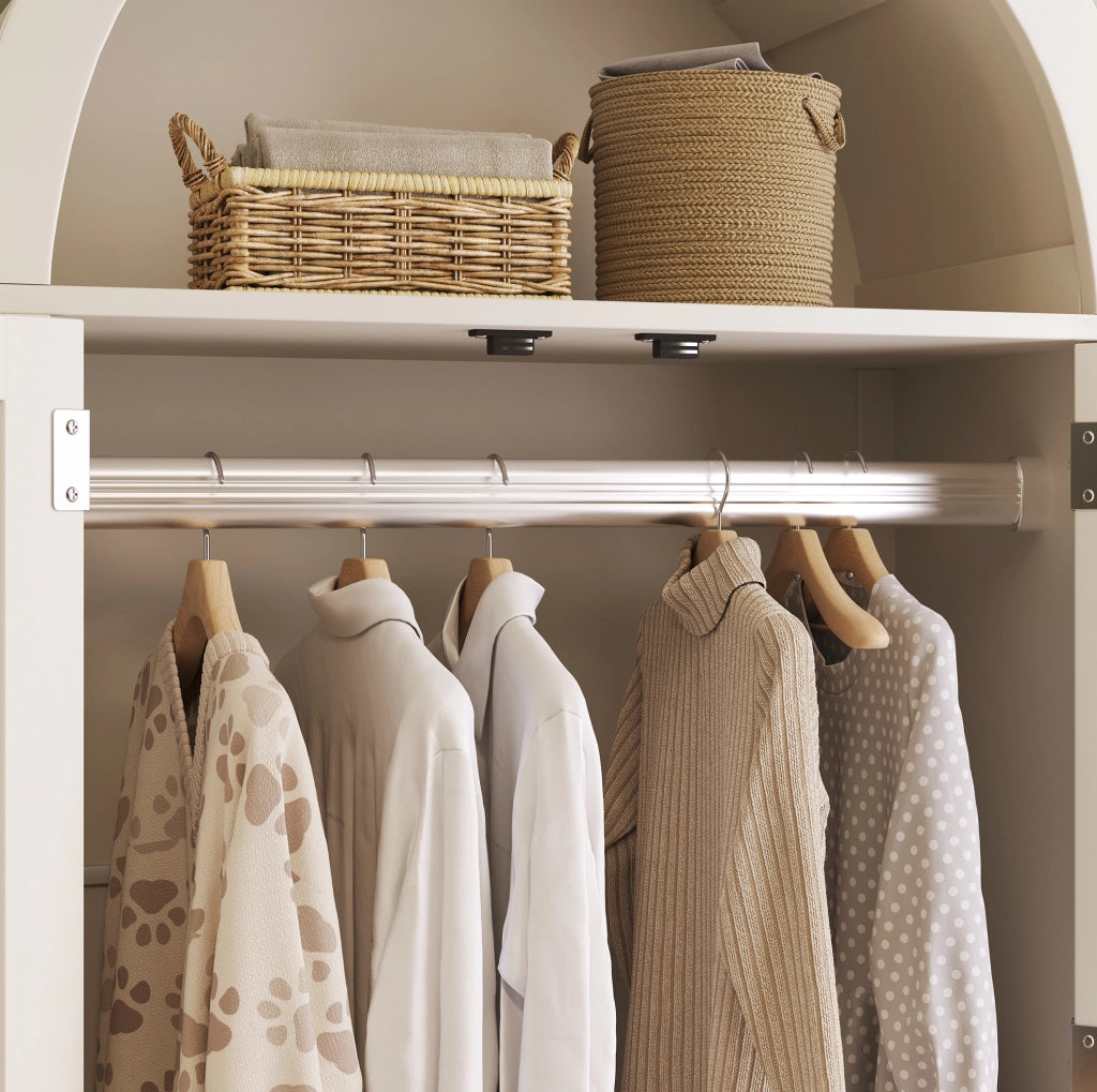 Armadio bianco 181x78x45 cm in MDF con intreccio in rattan, stile country, 2 ante con chiusura magnetica, 2 cassetti, barra appendiabiti e sicurezza anti-ribaltamento