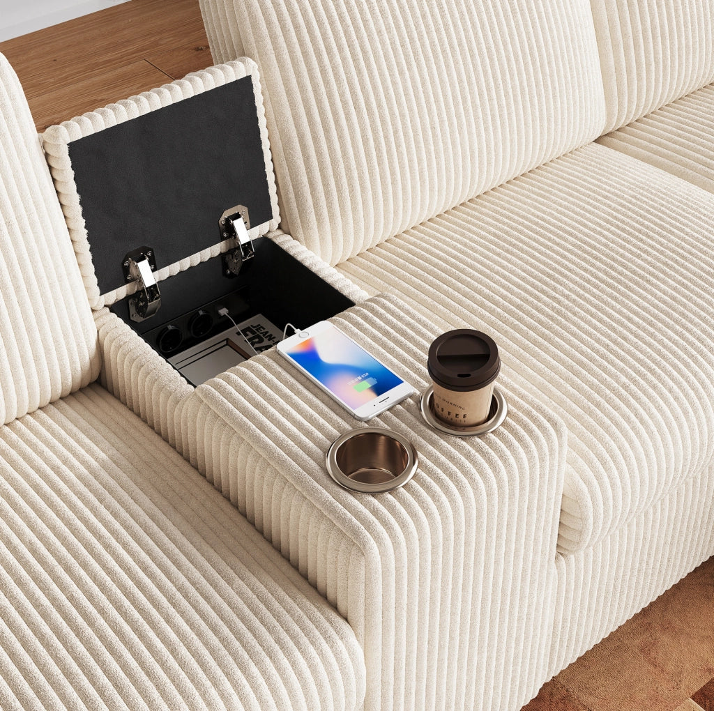 Divano a U 315x135 cm in velluto a coste beige con 2 pouf, USB e prese