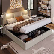 Letto con contenitore sollevabile; lampada da lettura e ricarica integrata; Acacia Wood
