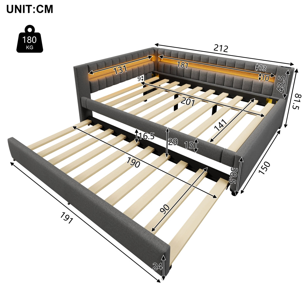 Letto divano 140 × 200 cm 3 posti con letto estraibile 90 × 190 cm; LED; USB e Type-C; senza materasso; grigio