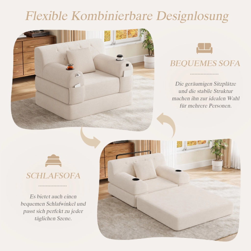 Divano Letto 1 Posto in Corduroy Beige con Schienale Alto, Telaio in Metallo, 2 Porta Bicchieri e 4 Tasche Laterali, Ideale per Soggiorno e Spazi Compatti