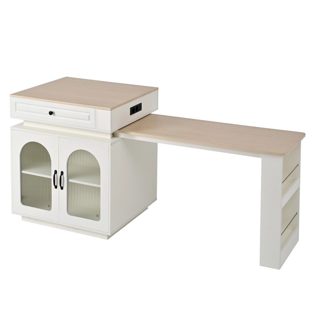 Isola Cucina con Ruote e Tavolo da Pranzo Allungabile; Tavolo Bar con Prese Elettriche; LED a 5 Colori; 128-200 cm; Bianco