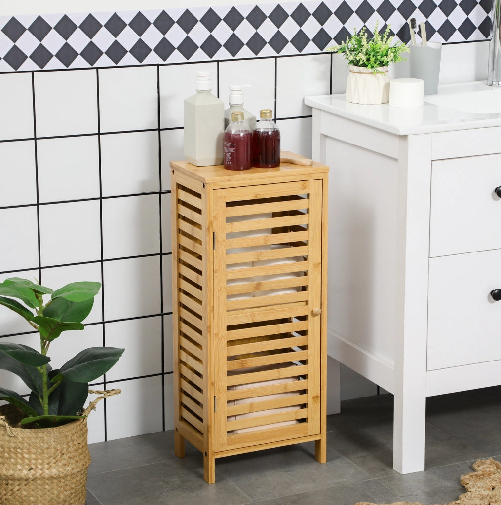 Mobiletto da bagno in bambù naturale con anta a lamelle e ripiano regolabile 30 x 19;9 x 70 cm