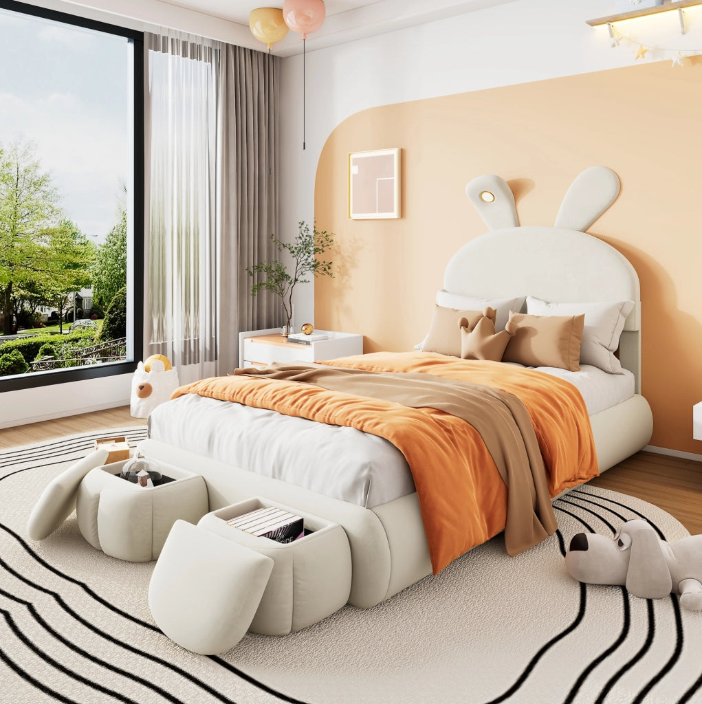 Letto imbottito 90x200 cm con orecchie decorative, luce LED e contenitori