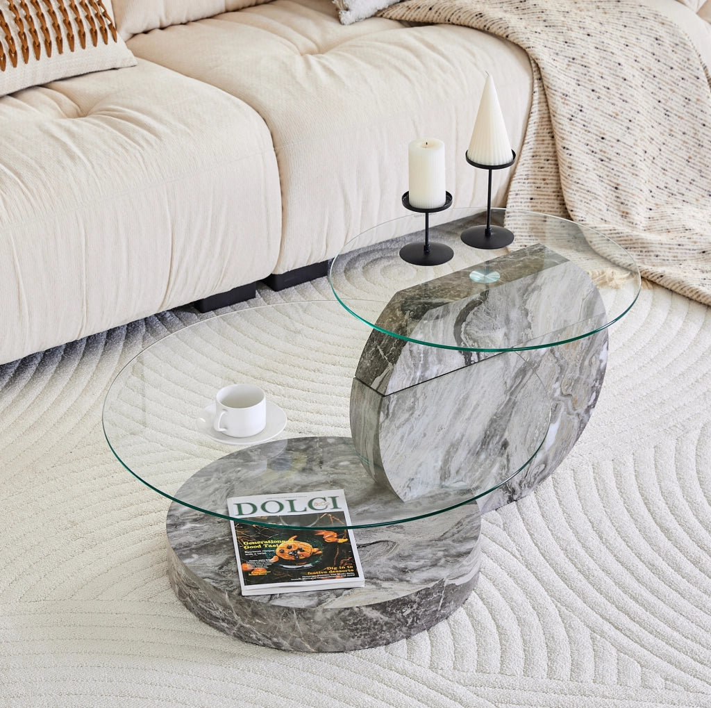 Tavolino da salotto a 2 livelli ?70 cm in MDF e vetro trasparente grigio
