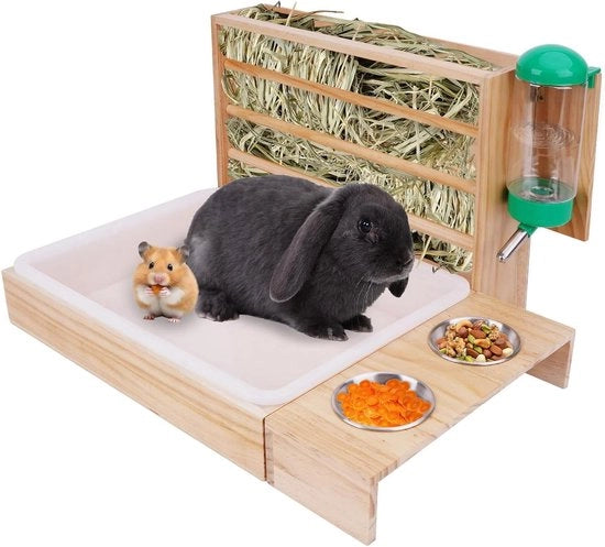 4 in 1 Alimentatore di Fieno con Box per Litter Bottiglia di Acqua Piatti per Cibo per Animali - Alcova per Fieno in Legno per Piccoli Animali da Compagnia