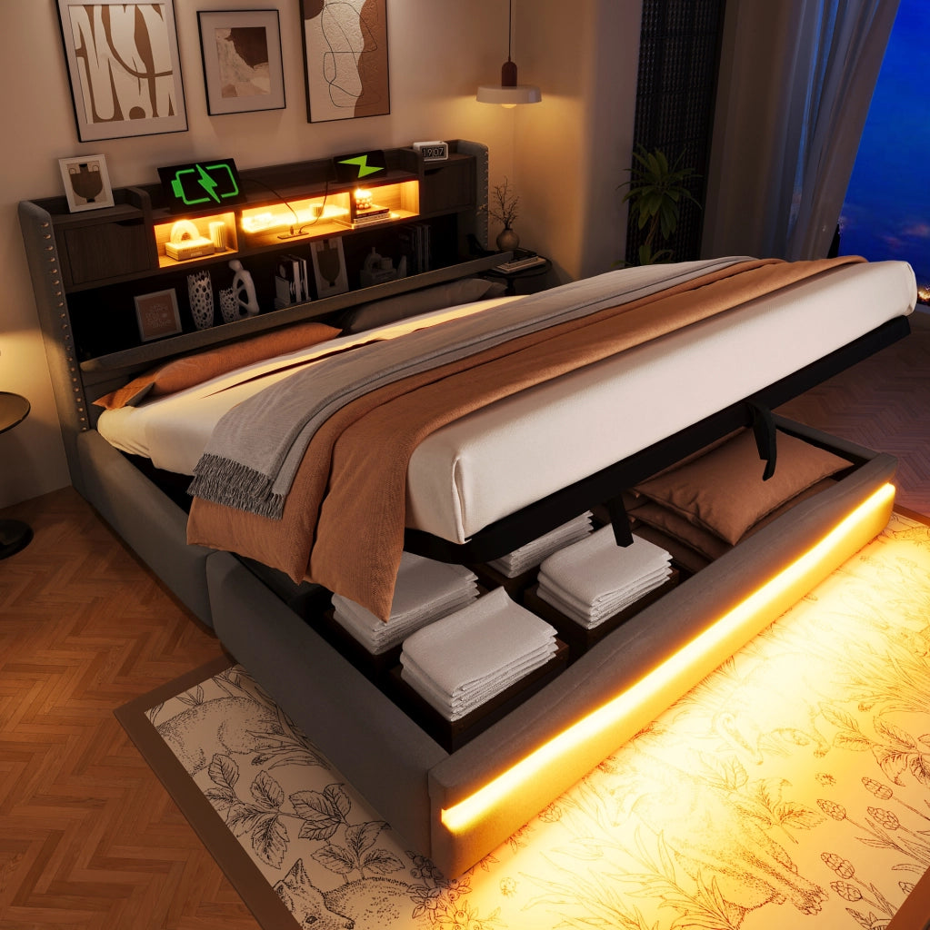 Letto imbottito 180x200 cm con contenitore idraulico, LED e prese USB, grigio