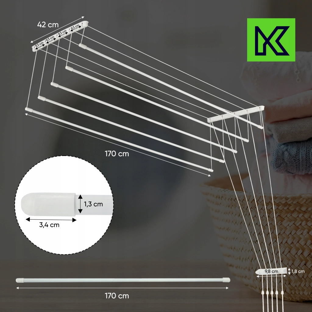 Stendibiancheria da soffitto KADAX per bagno, 5 barre, 170 cm, resistente e robusto.