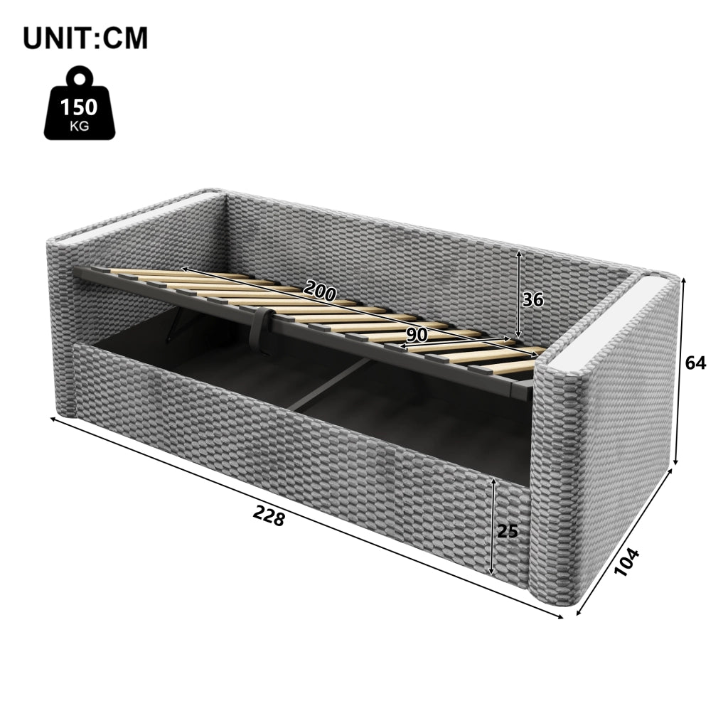 Letto singolo 90x200 cm divano letto con LED e cassetti; lino beige