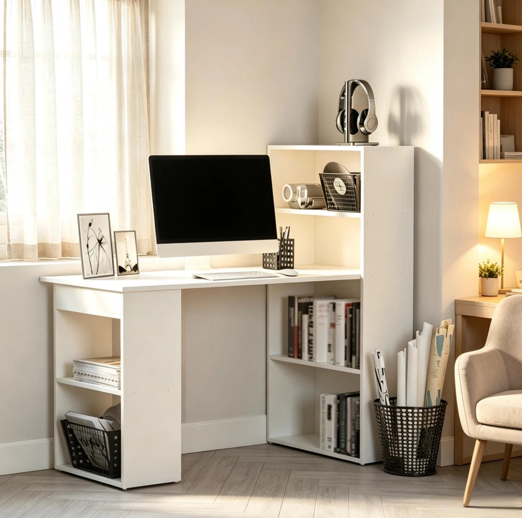 Scrivania bianca in truciolato con libreria integrata e design moderno, 120x55x120 cm