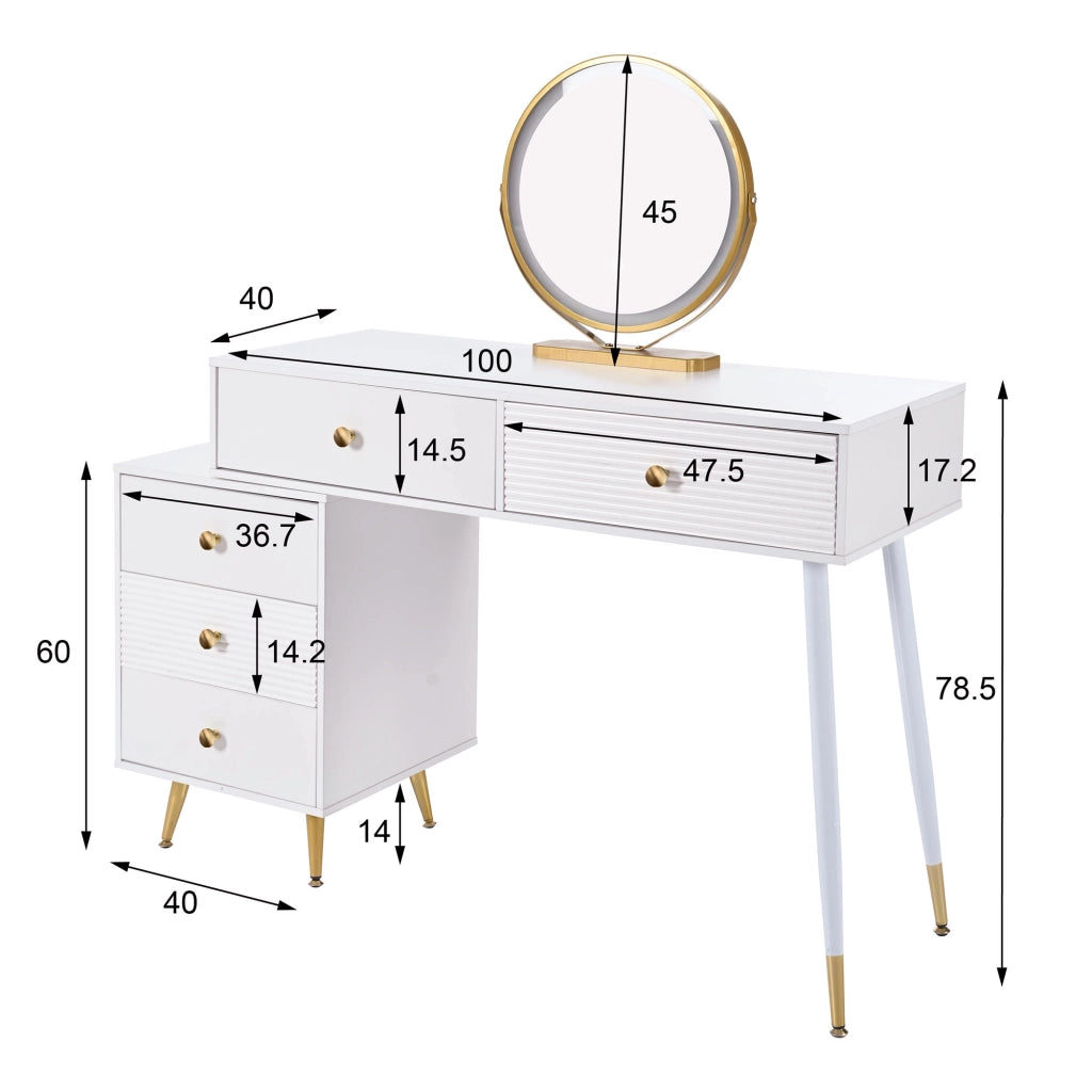 Tavolo da toeletta con specchio LED tattile e mobile laterale estraibile per camera da letto, bianco, 100 × 40 × 78 cm