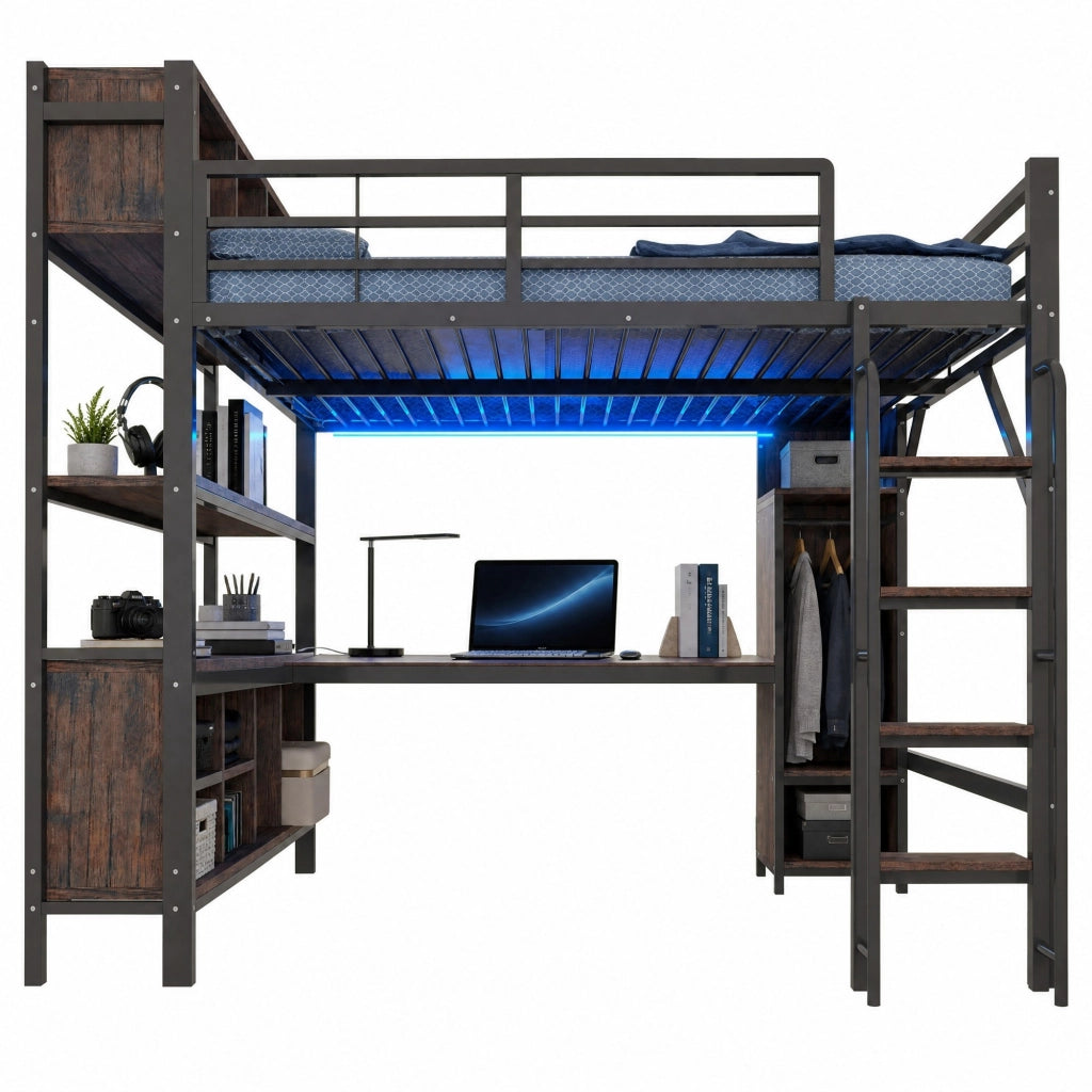 Letto a soppalco 140x200 cm con scrivania; armadio; LED e prese UE nero HOMVRA