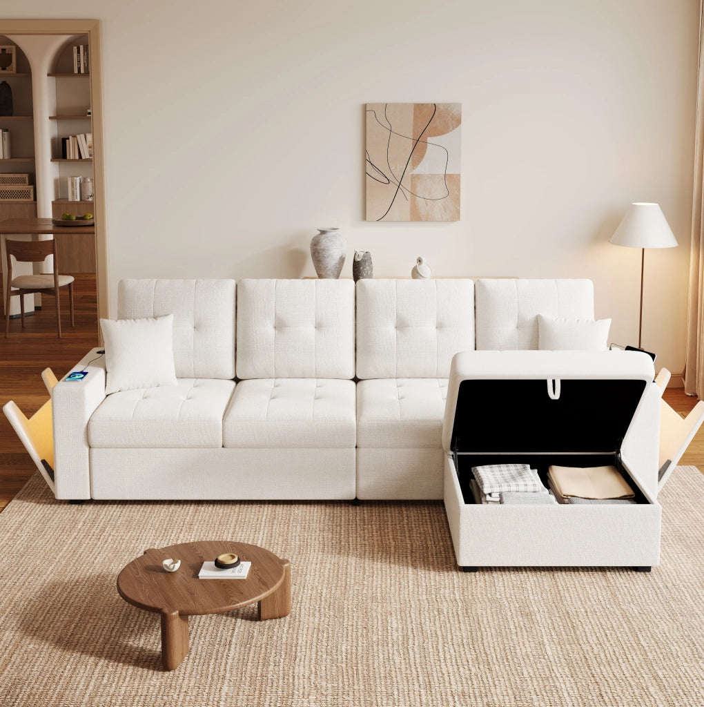 Divano modulare angolare 4 posti 253 cm con pouf contenitore e LED in tessuto di lino beige