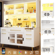 Sideboard moderno con LED, armadio alto per cucina e soggiorno con pannello forato, cassetti e porta in vetro, bianco, 145x39x171 cm