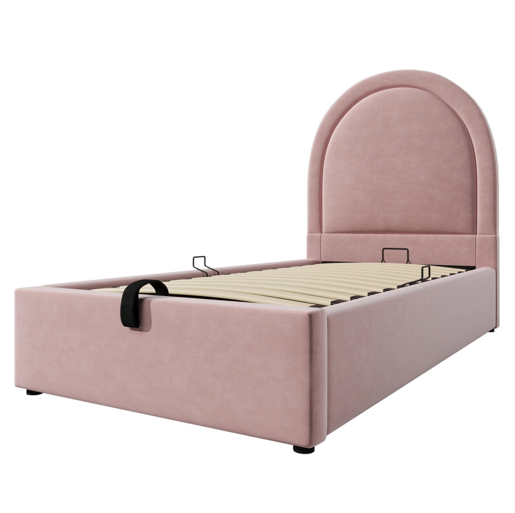 Letto imbottito 90x190 cm con vano contenitore e rivestimento in velluto rosa