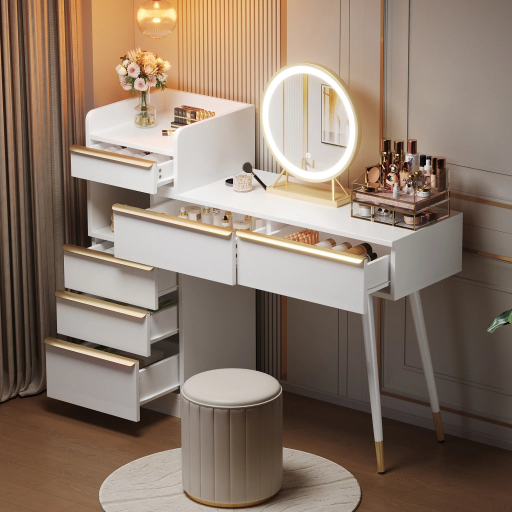 Tavolo da toeletta con 6 cassetti, piano estraibile e specchio LED dimmerabile, bianco, 100 × 41,5 × 102 cm