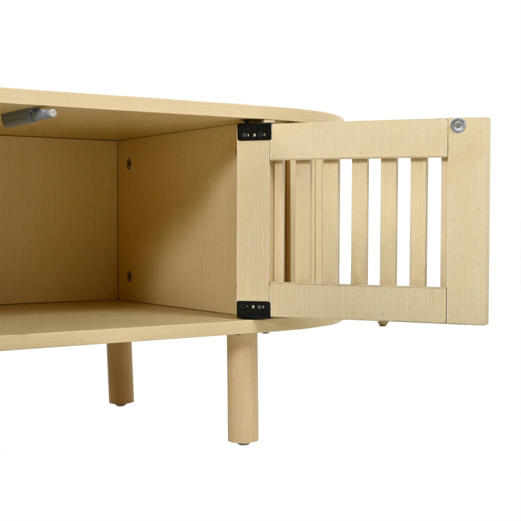 Tavolino basso fisso ovale con 2 ante a lamelle e anta scorrevole avvolgibile in MDF naturale 100 × 40 × 38 cm
