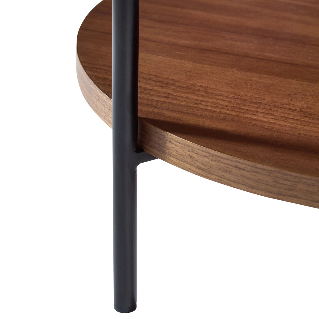 Tavolino basso fisso a due ripiani rotondi in legno e MDF color noce con struttura in ferro nero