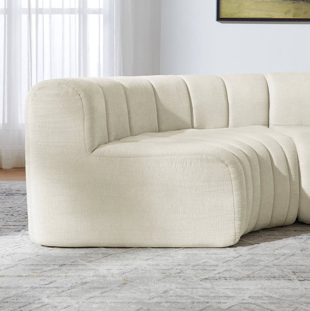 Divano angolare modulare 4 posti in chenille beige con moduli multifunzionali