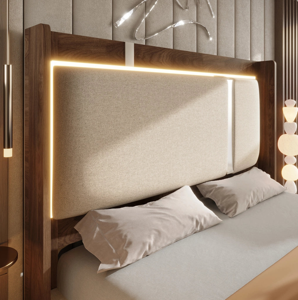 Letto matrimoniale 140x200 con contenitore idraulico, LED, rete e testiera imbottita beige