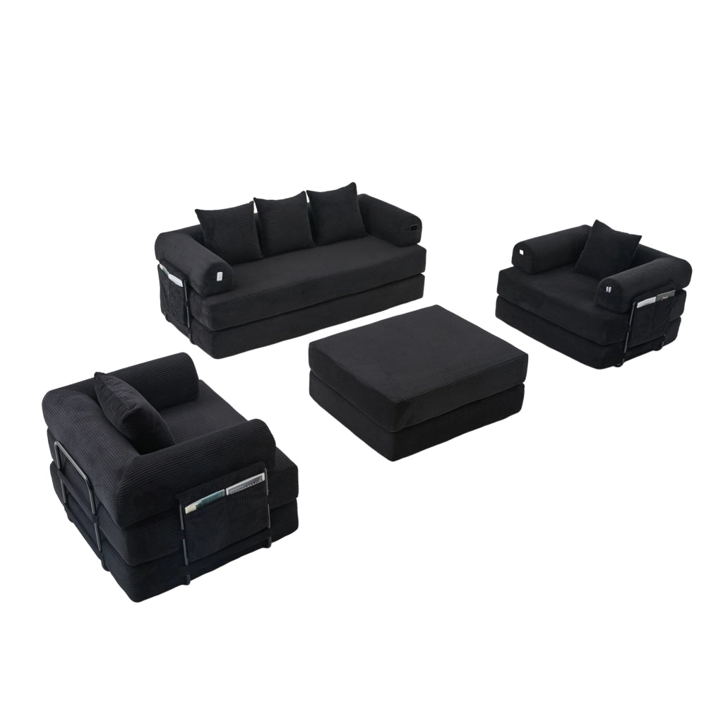 Divano modulare in corduroy con pouf; nero