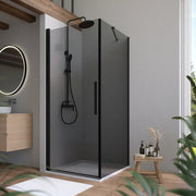Box doccia 80x80cm con apertura a battente e parete fissa, profili nero opaco e vetro da 6mm fumè h195 | Elba