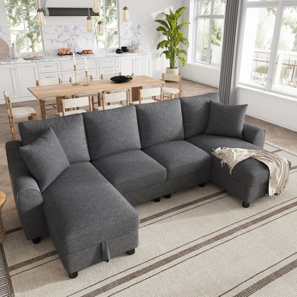 Divano modulare a U con chaise longue contenitore e cuscini in chenille grigio