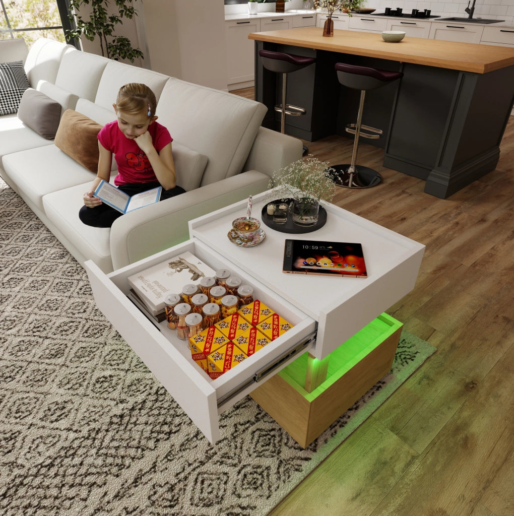 Comodino 50x40x50 cm con ricarica wireless, LED e 2 cassetti bianco naturale