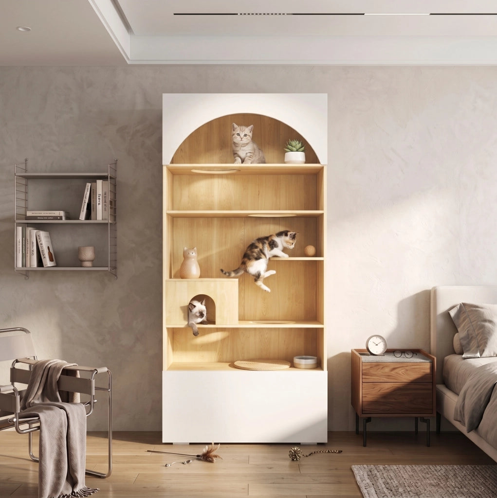 Mobile per gatti 90x50x200 cm con parete da arrampicata e vani portaoggetti in truciolare bianco