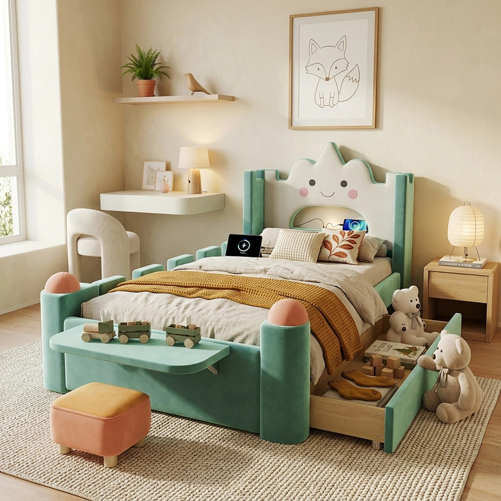 Letto per bambini 90 × 200 cm con lampada LED, USB, cassetto e mensola pieghevole, senza materasso, blu verde