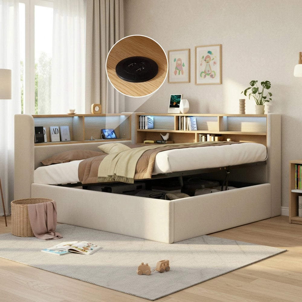 Letto imbottito contenitore con LED USB ¨C Minimal ¨C Beige velluto 140x190 cm idraulico